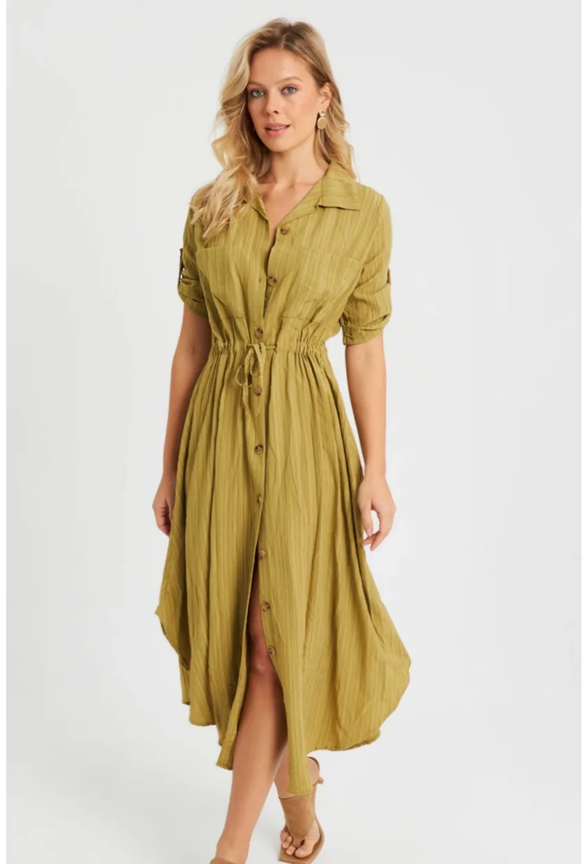 Kadın Midi Gömlek Elbise Haki Q984