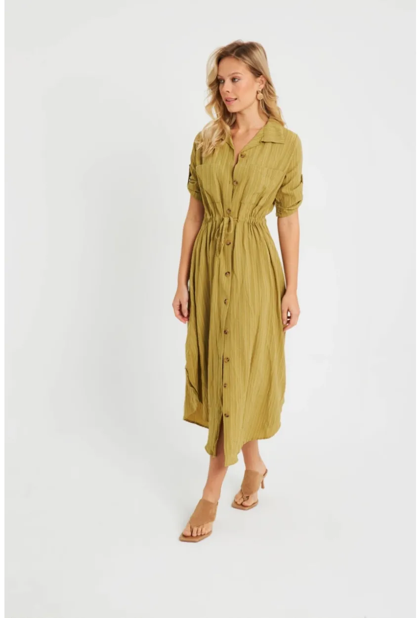 Kadın Midi Gömlek Elbise Haki Q984