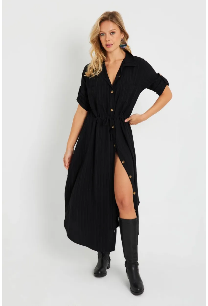 Kadın Midi Gömlek Elbise Siyah Q984