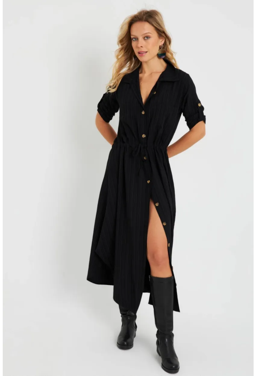 Kadın Midi Gömlek Elbise Siyah Q984