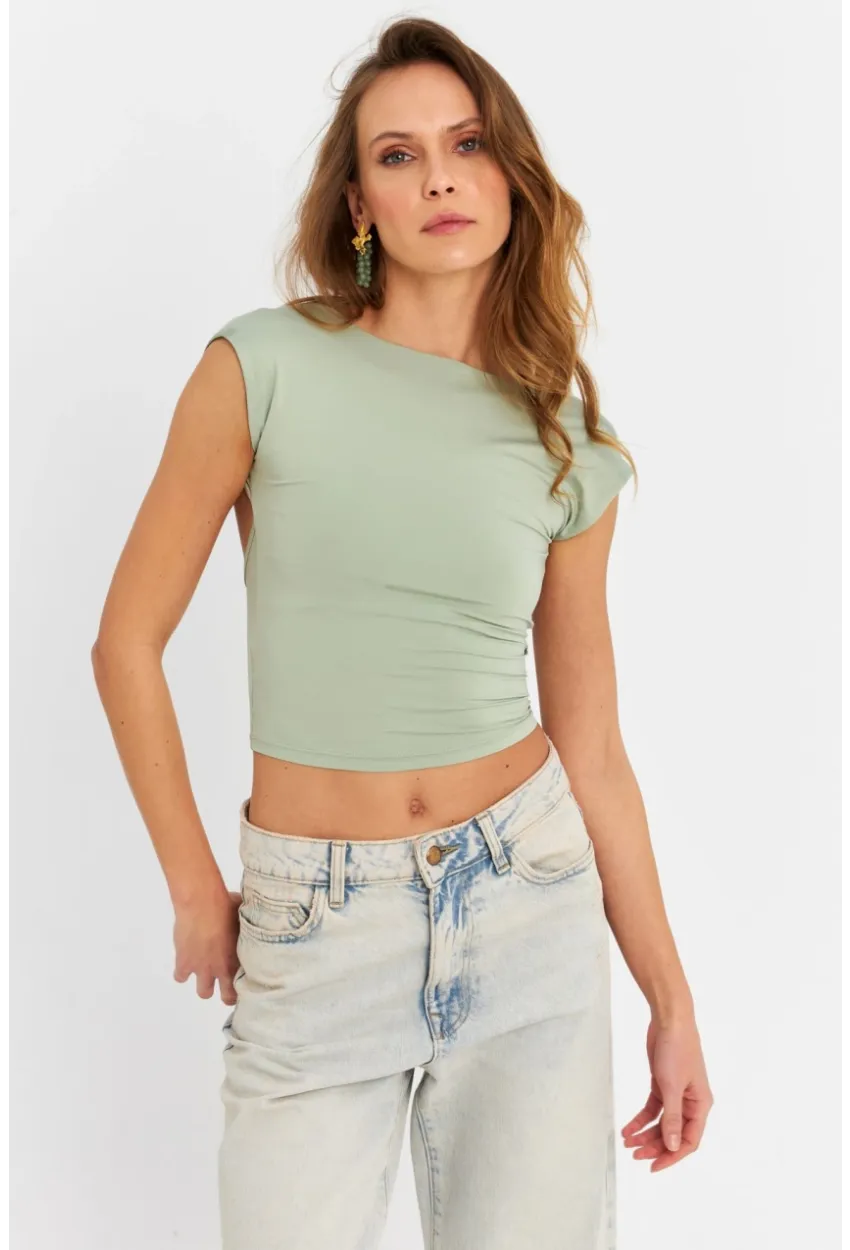 Kadın Mint Sırtı Açık Crop Bluz ZH083