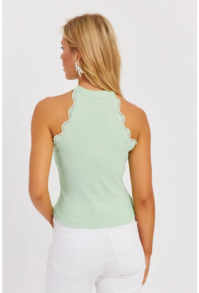 Kadın Mint-Siyah Halter Yaka Dantelli Bluz MK08