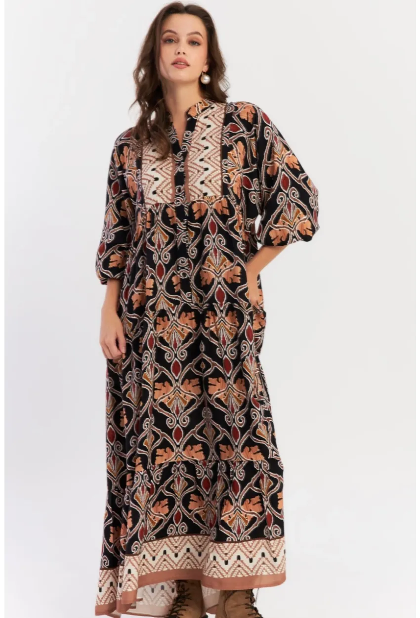 Kadın Multi Etnik Desenli Maxi Dokuma Elbise ALO228