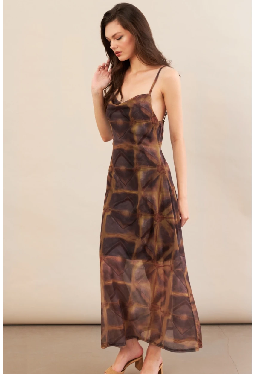 Kadın Multi Sırtı Açık Desenli Midi Tül Elbise İRE992