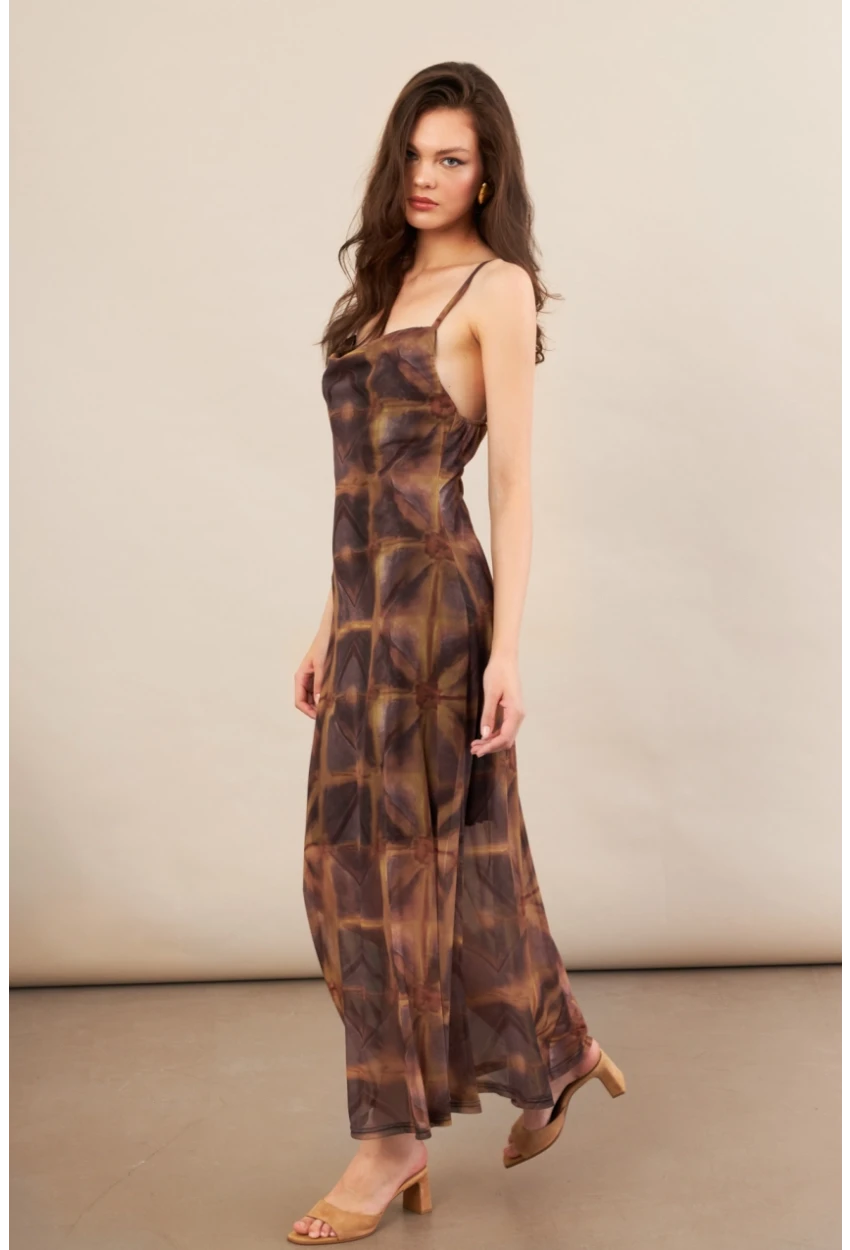 Kadın Multi Sırtı Açık Desenli Midi Tül Elbise İRE992