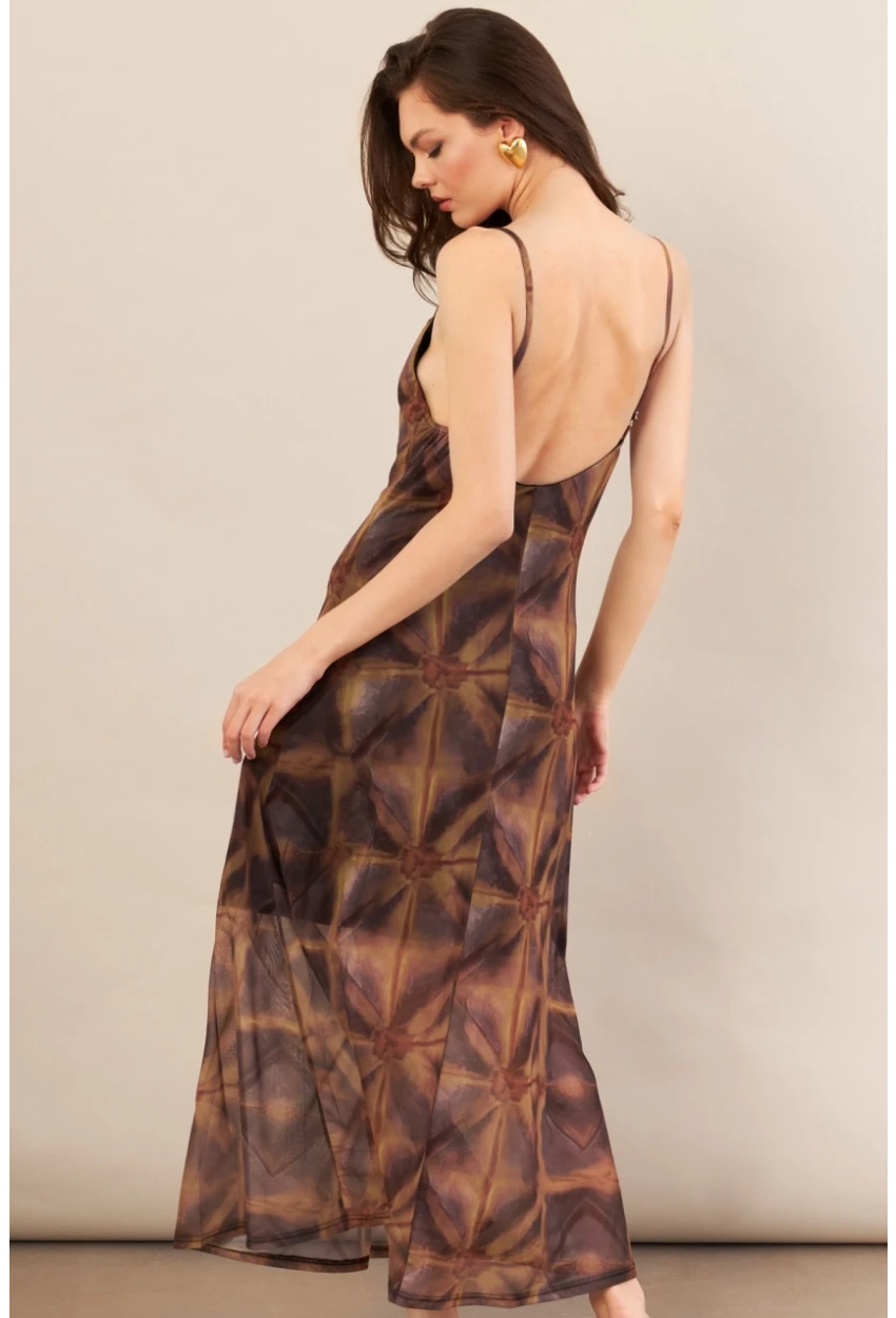 Kadın Multi Sırtı Açık Desenli Midi Tül Elbise İRE992