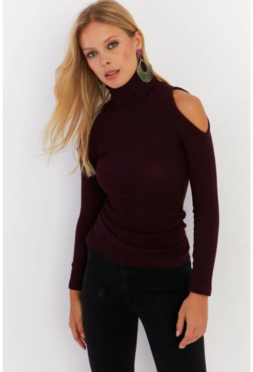 Kadın Mürdüm Omuzları Açık Kaşkorse Bluz HOR04