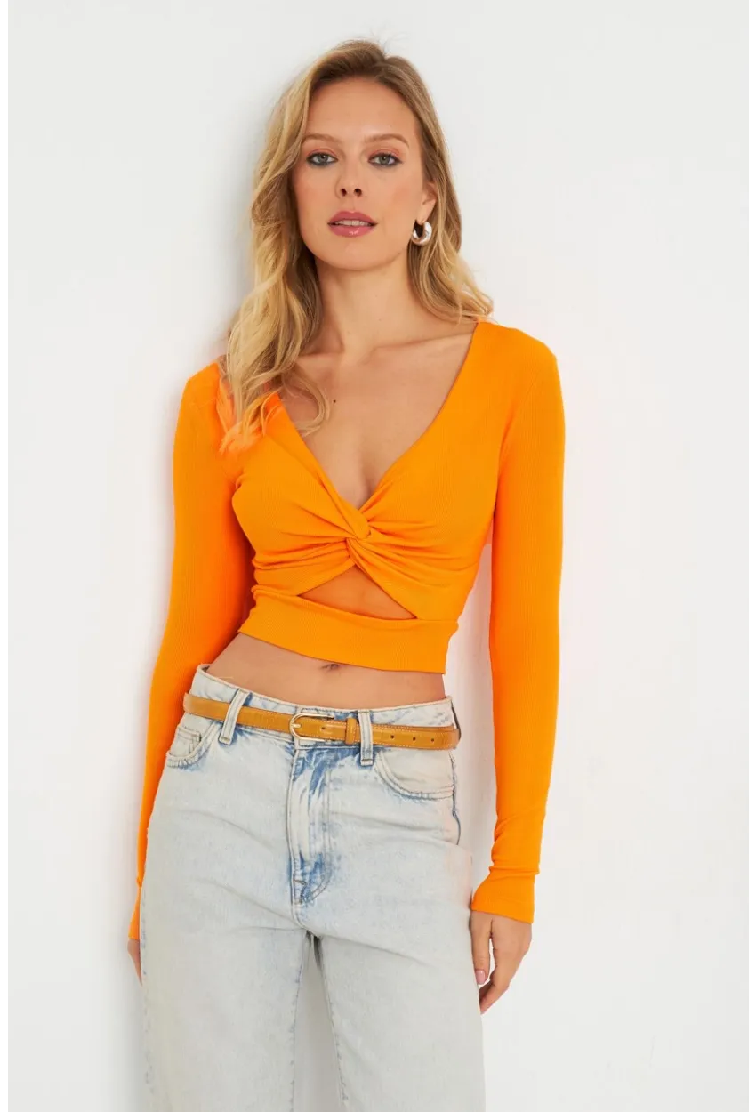 Kadın Önü Düğümlü Crop Bluz Turuncu AYD287