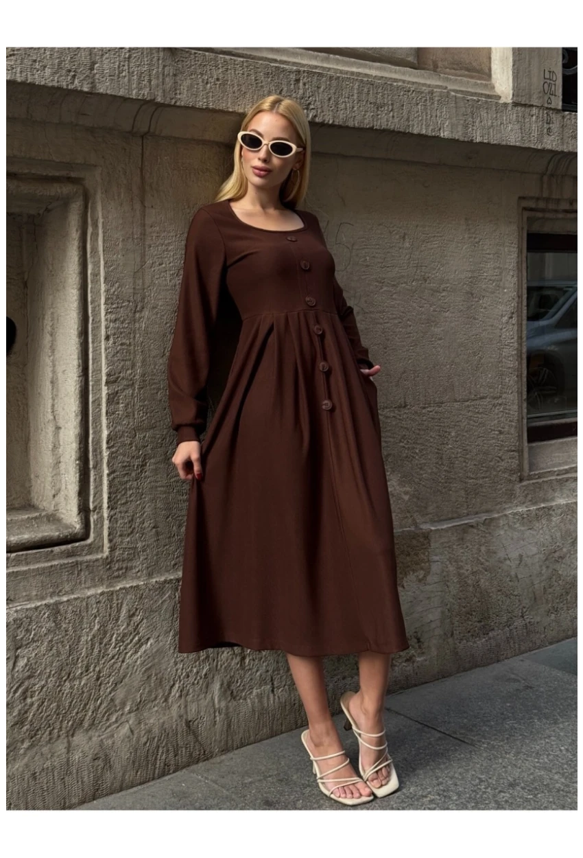 Kadın Ottoman Kumaş Düğme Detay Kahve Elbise