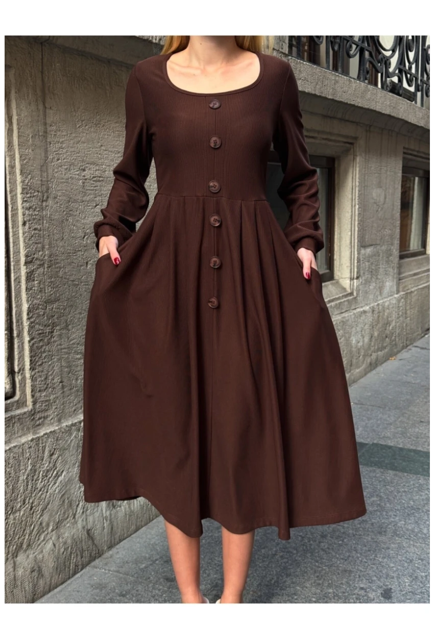 Kadın Ottoman Kumaş Düğme Detay Kahve Elbise