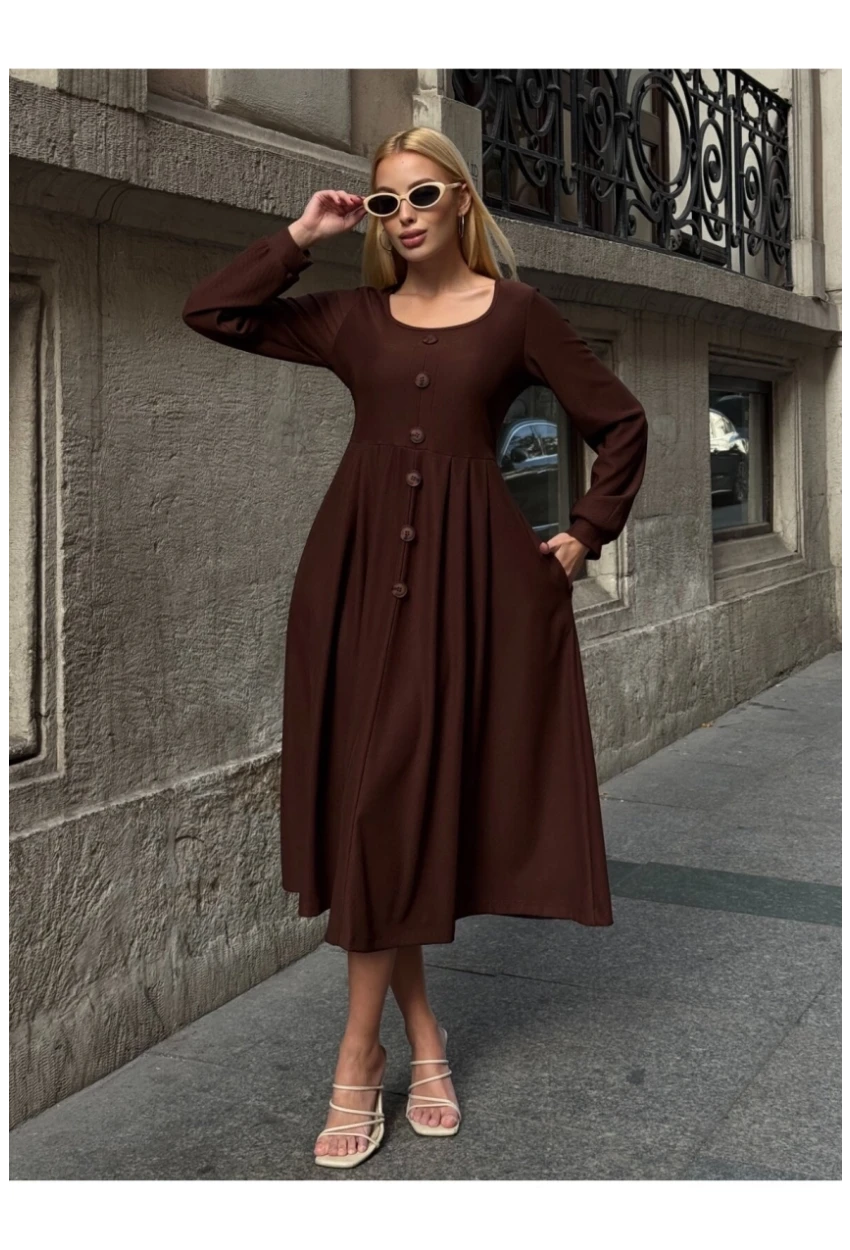 Kadın Ottoman Kumaş Düğme Detay Kahve Elbise