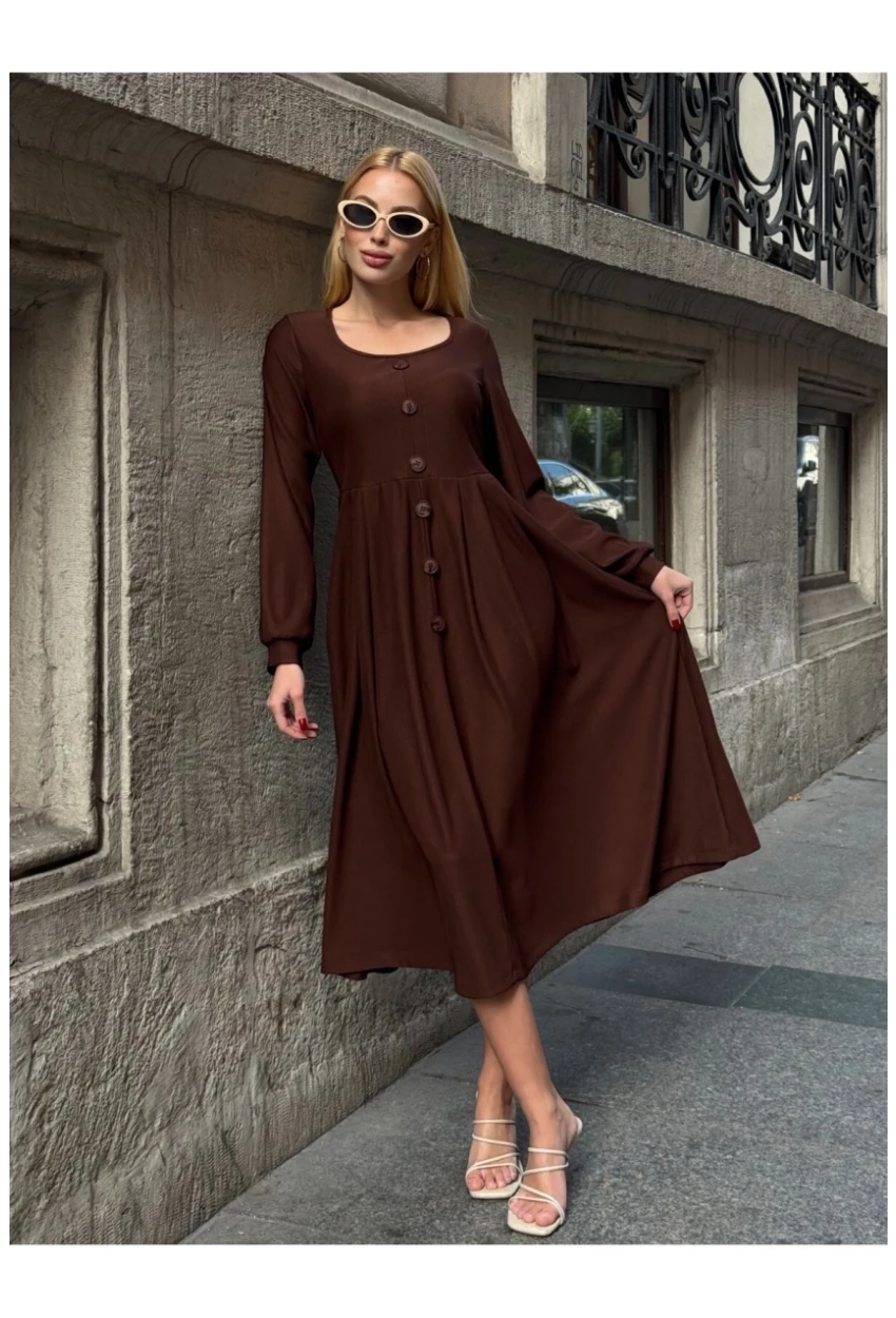 Kadın Ottoman Kumaş Düğme Detay Kahve Elbise