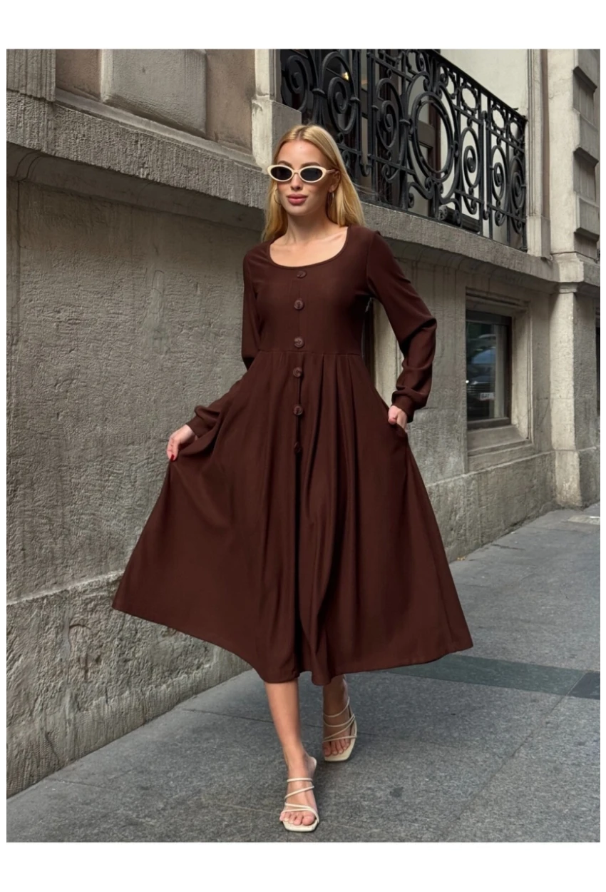 Kadın Ottoman Kumaş Düğme Detay Kahve Elbise