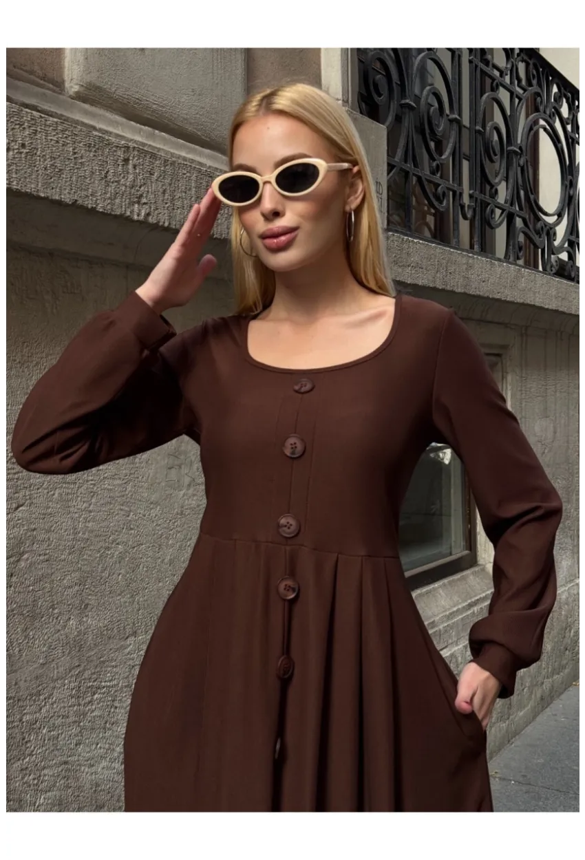 Kadın Ottoman Kumaş Düğme Detay Kahve Elbise