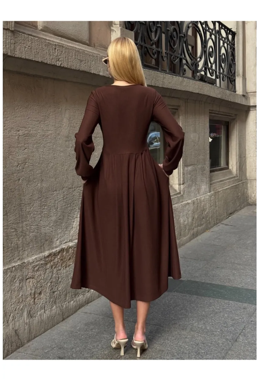 Kadın Ottoman Kumaş Düğme Detay Kahve Elbise