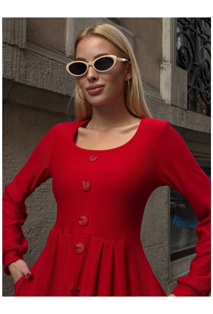 Kadın Ottoman Kumaş Düğme Detay Kırmızı Elbise