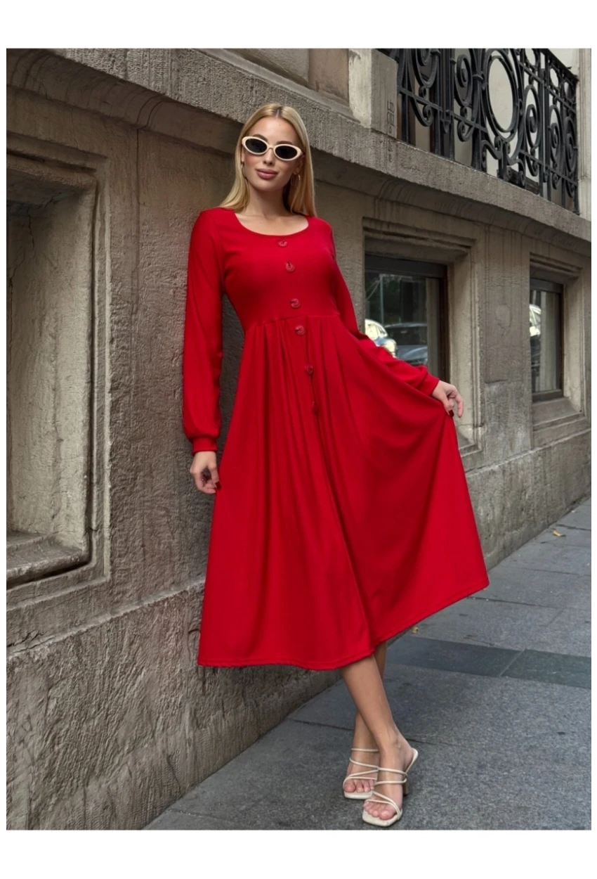 Kadın Ottoman Kumaş Düğme Detay Kırmızı Elbise