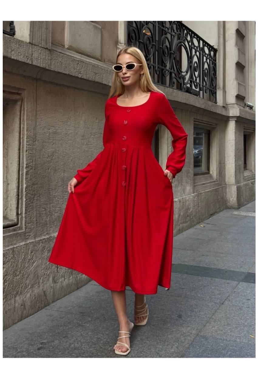 Kadın Ottoman Kumaş Düğme Detay Kırmızı Elbise