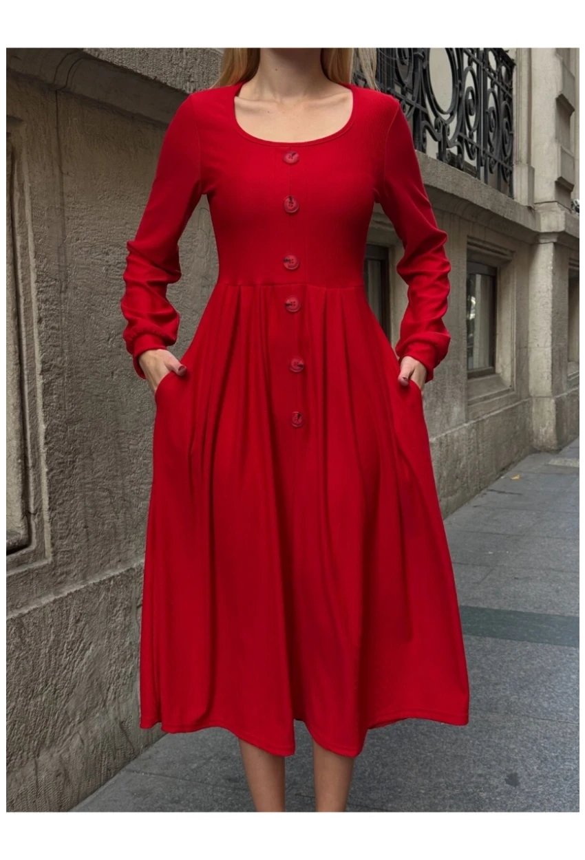 Kadın Ottoman Kumaş Düğme Detay Kırmızı Elbise