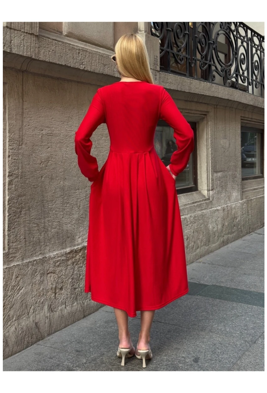 Kadın Ottoman Kumaş Düğme Detay Kırmızı Elbise