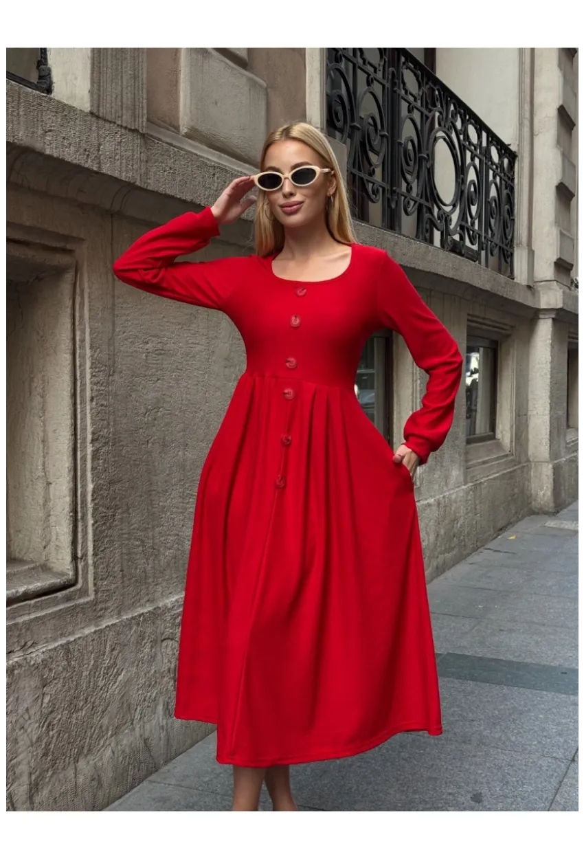 Kadın Ottoman Kumaş Düğme Detay Kırmızı Elbise