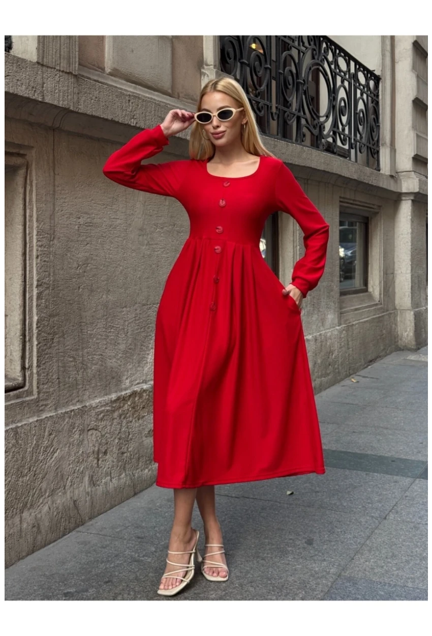 Kadın Ottoman Kumaş Düğme Detay Kırmızı Elbise