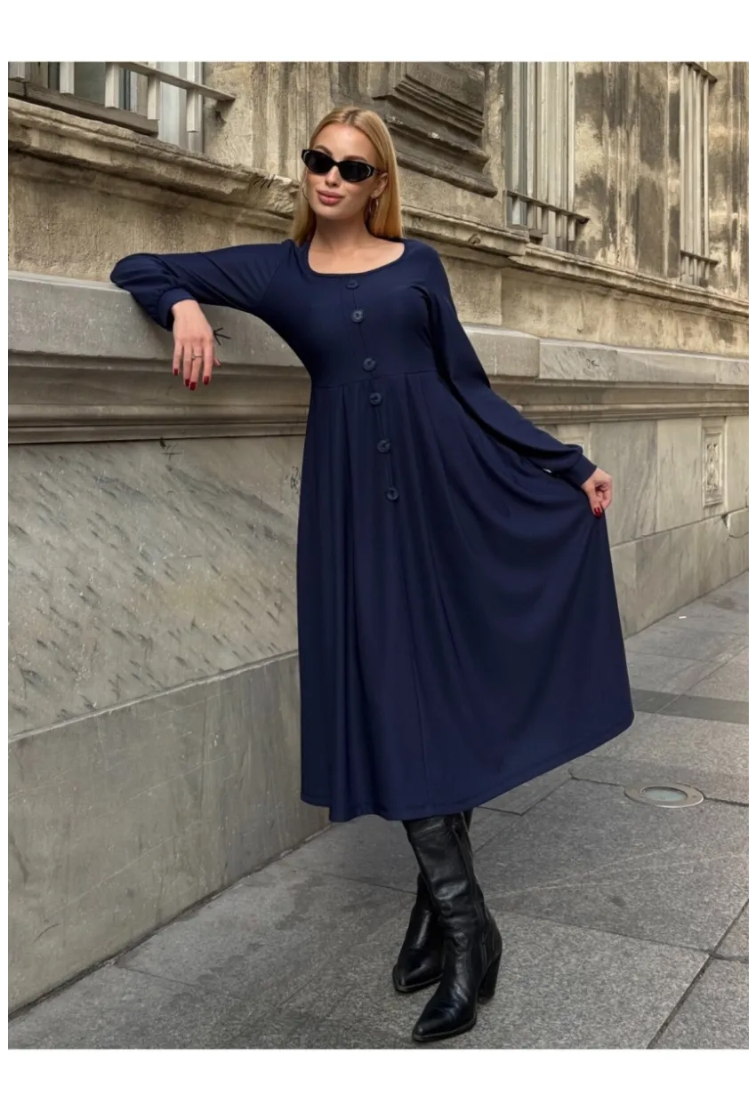 Kadın Ottoman Kumaş Düğme Detay Lacivert Elbise