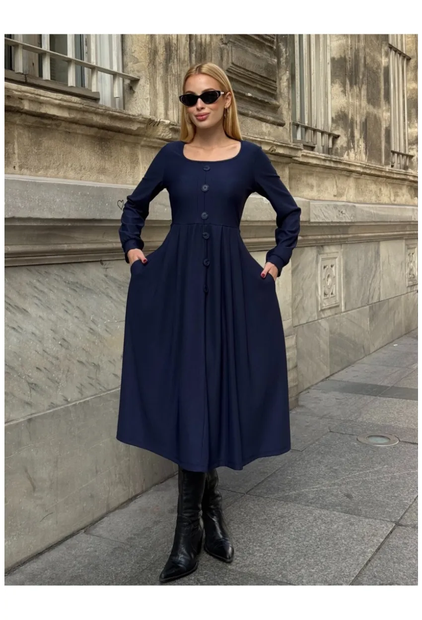 Kadın Ottoman Kumaş Düğme Detay Lacivert Elbise