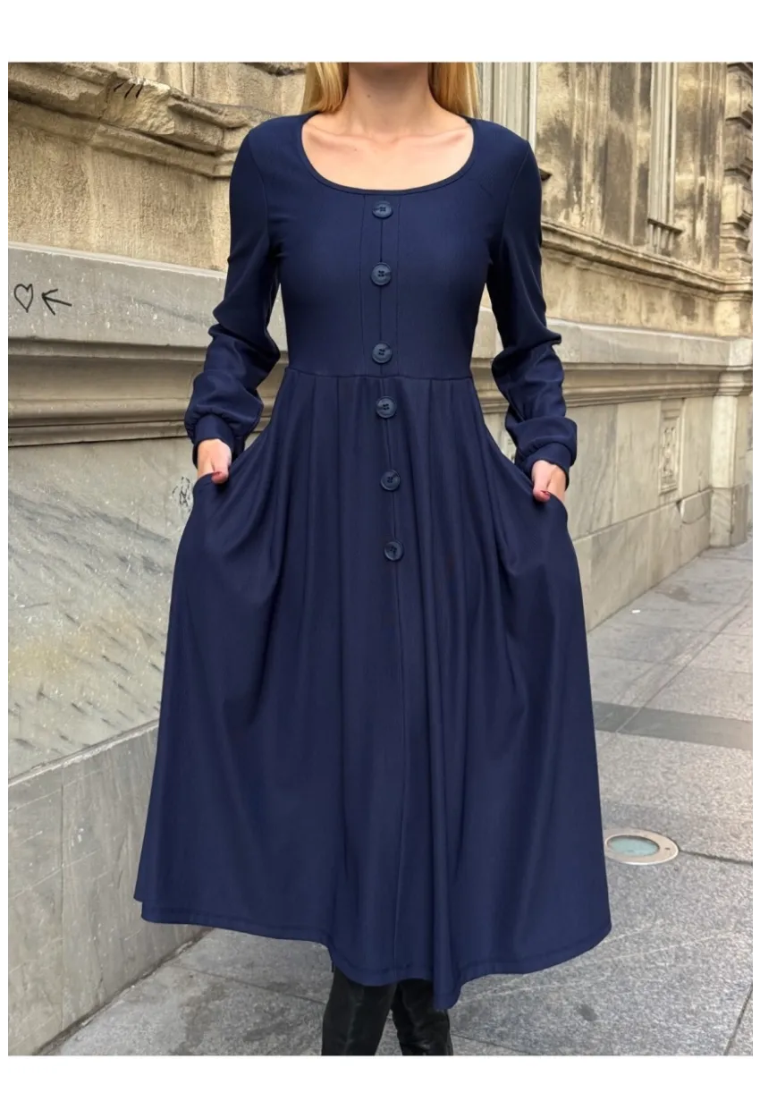 Kadın Ottoman Kumaş Düğme Detay Lacivert Elbise