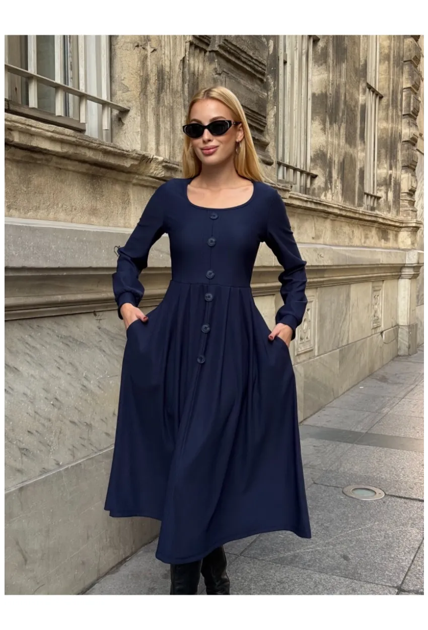 Kadın Ottoman Kumaş Düğme Detay Lacivert Elbise