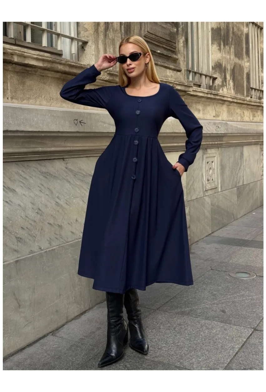 Kadın Ottoman Kumaş Düğme Detay Lacivert Elbise