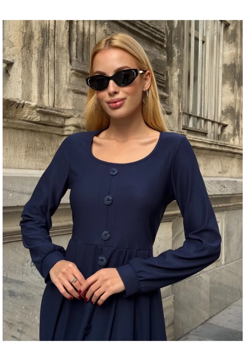 Kadın Ottoman Kumaş Düğme Detay Lacivert Elbise