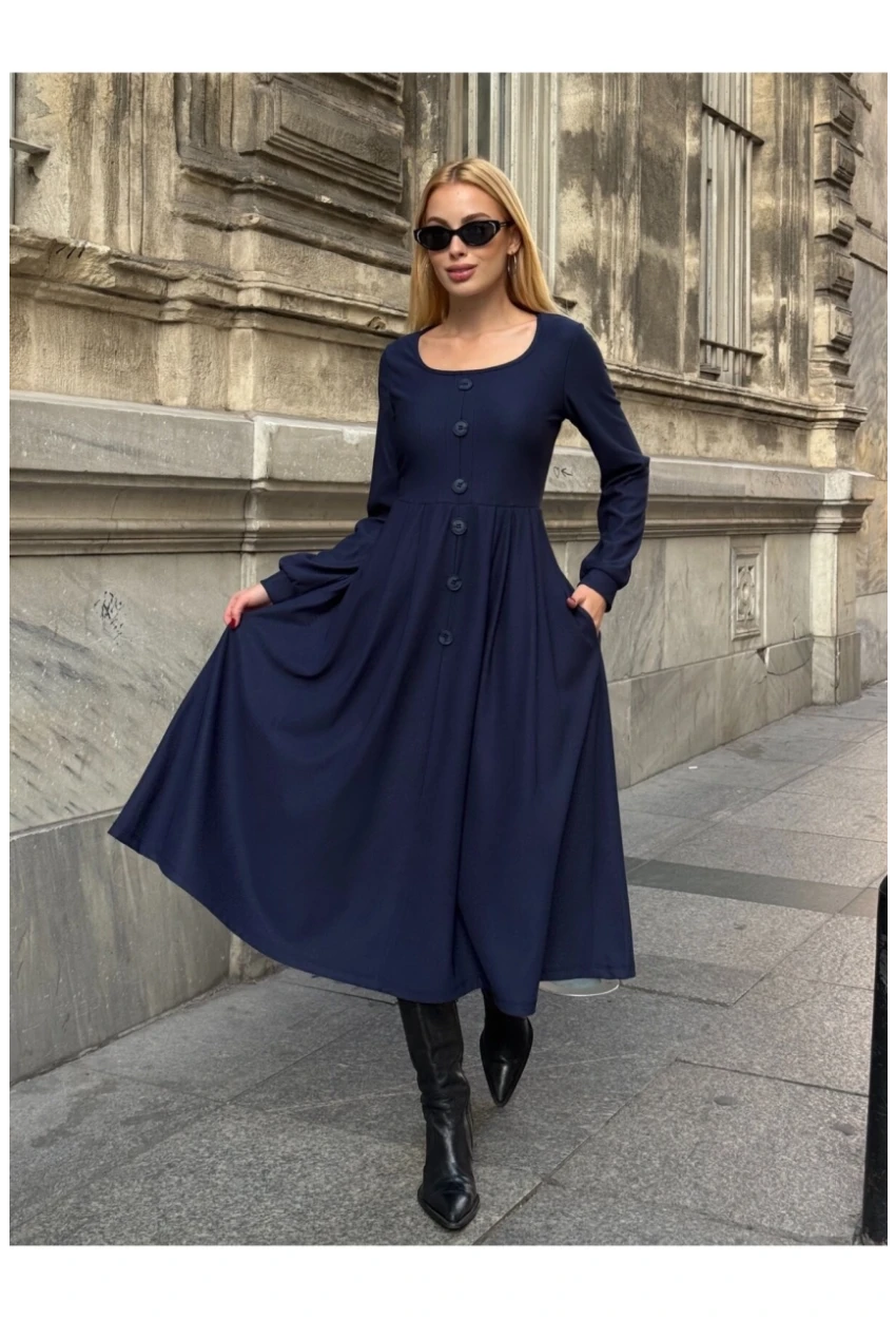 Kadın Ottoman Kumaş Düğme Detay Lacivert Elbise