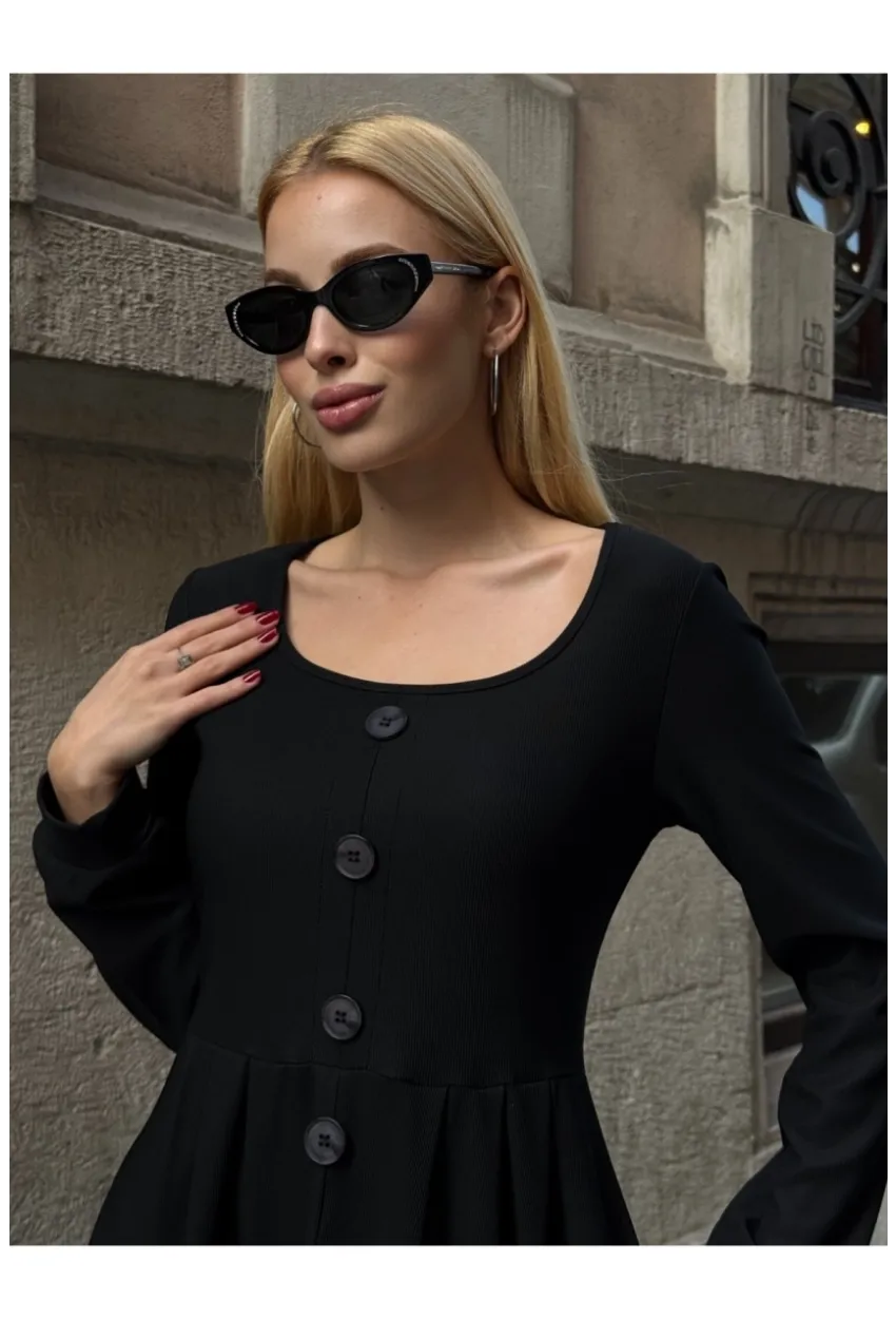 Kadın Ottoman Kumaş Düğme Detay Siyah Elbise