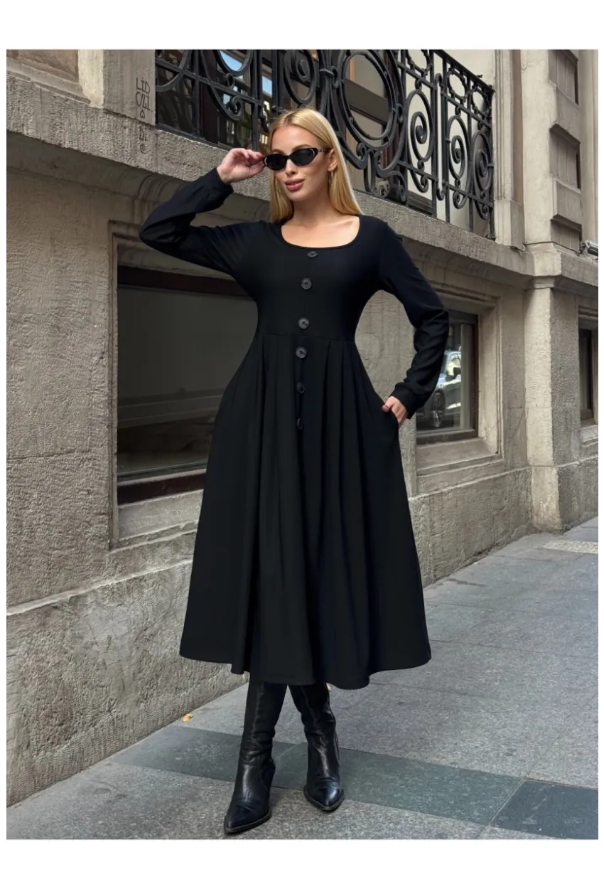 Kadın Ottoman Kumaş Düğme Detay Siyah Elbise