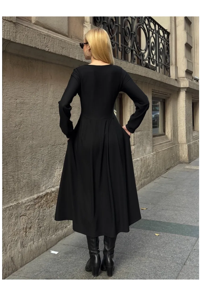 Kadın Ottoman Kumaş Düğme Detay Siyah Elbise