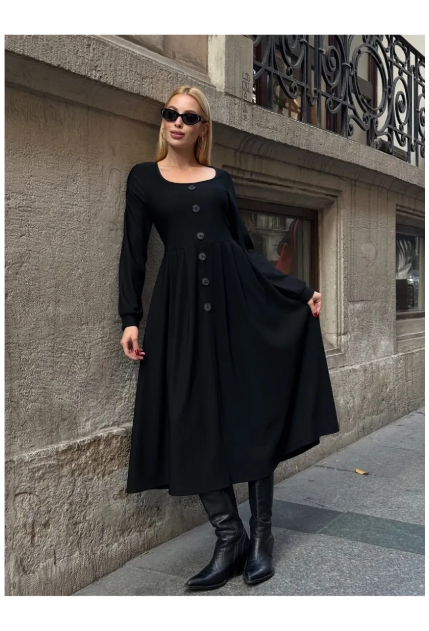 Kadın Ottoman Kumaş Düğme Detay Siyah Elbise