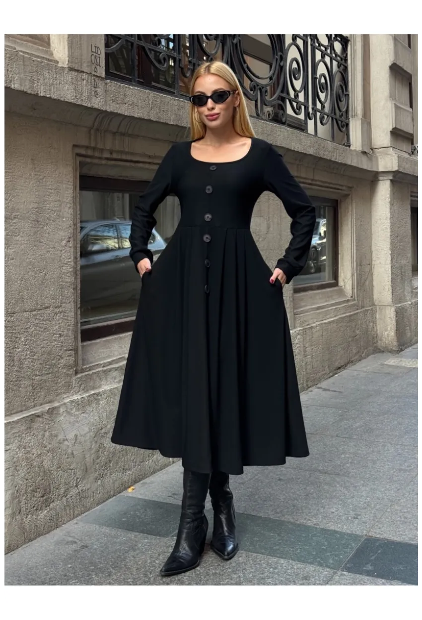 Kadın Ottoman Kumaş Düğme Detay Siyah Elbise