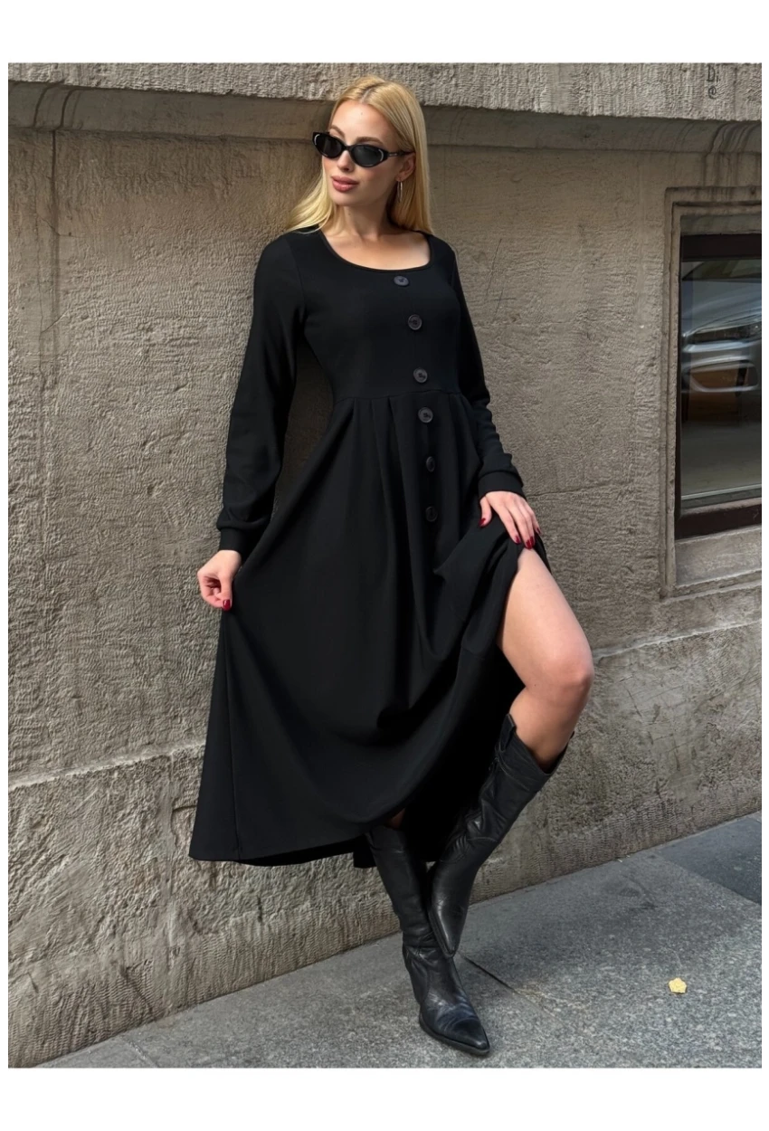 Kadın Ottoman Kumaş Düğme Detay Siyah Elbise