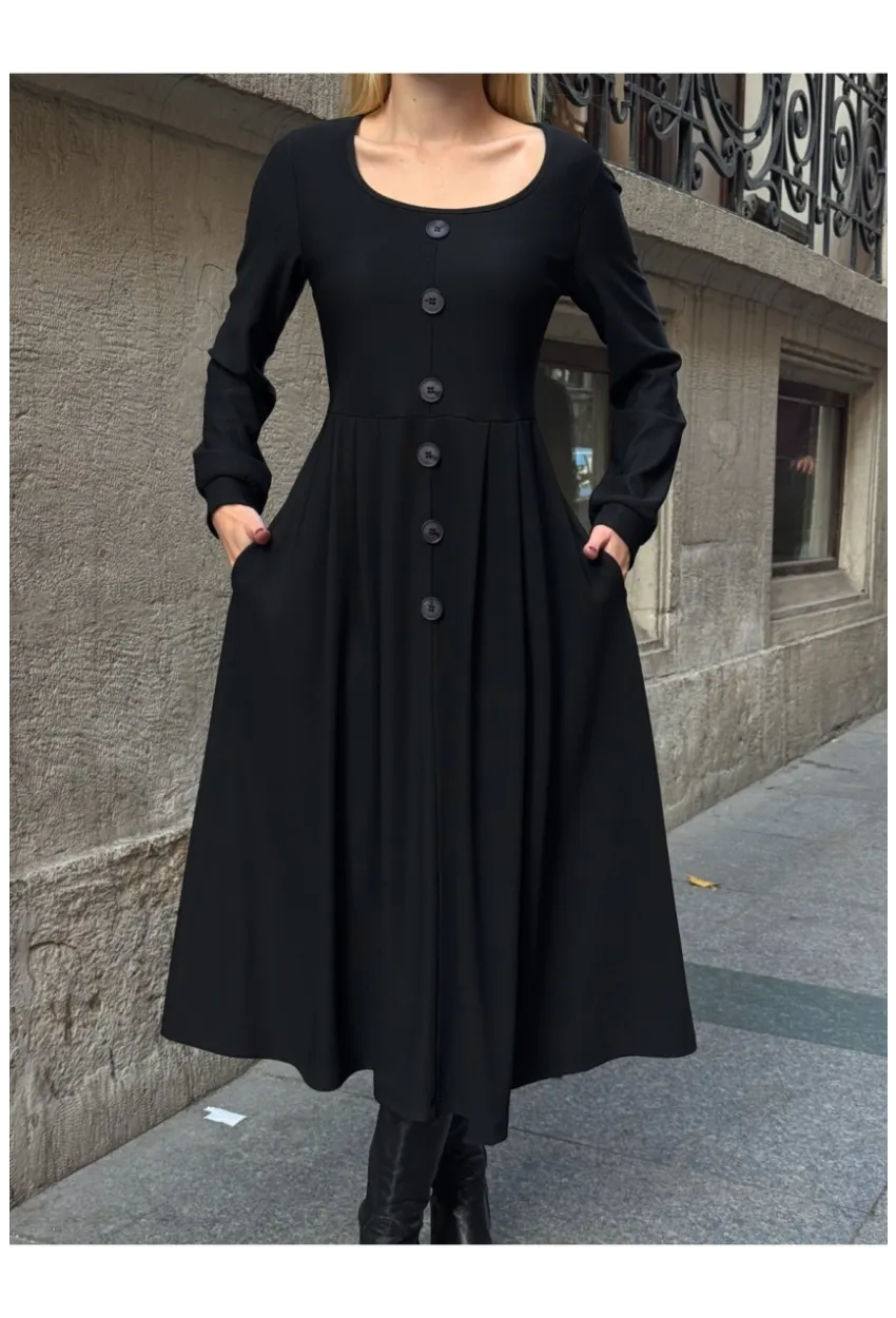 Kadın Ottoman Kumaş Düğme Detay Siyah Elbise