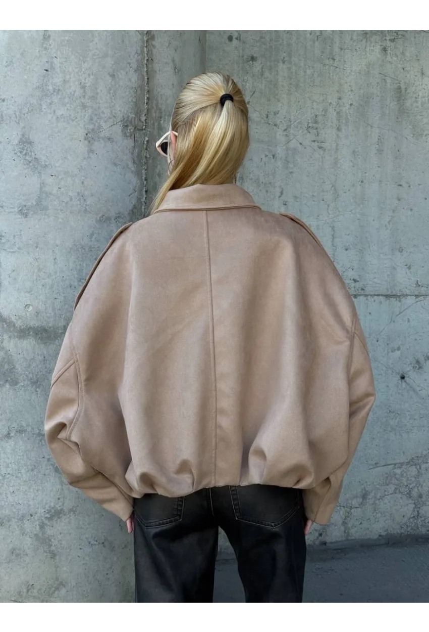 Kadın Oversize Bomber Süet Mont Bej