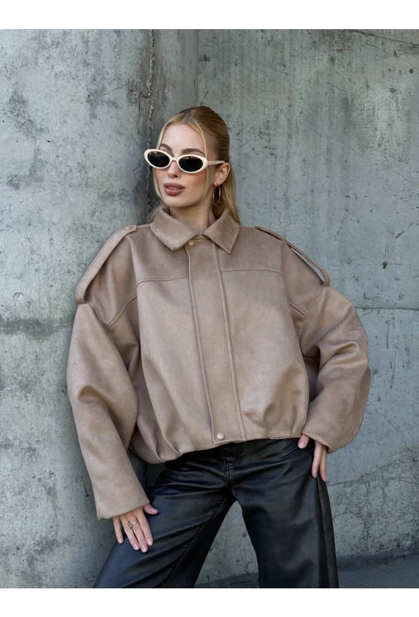 Kadın Oversize Bomber Süet Mont Bej