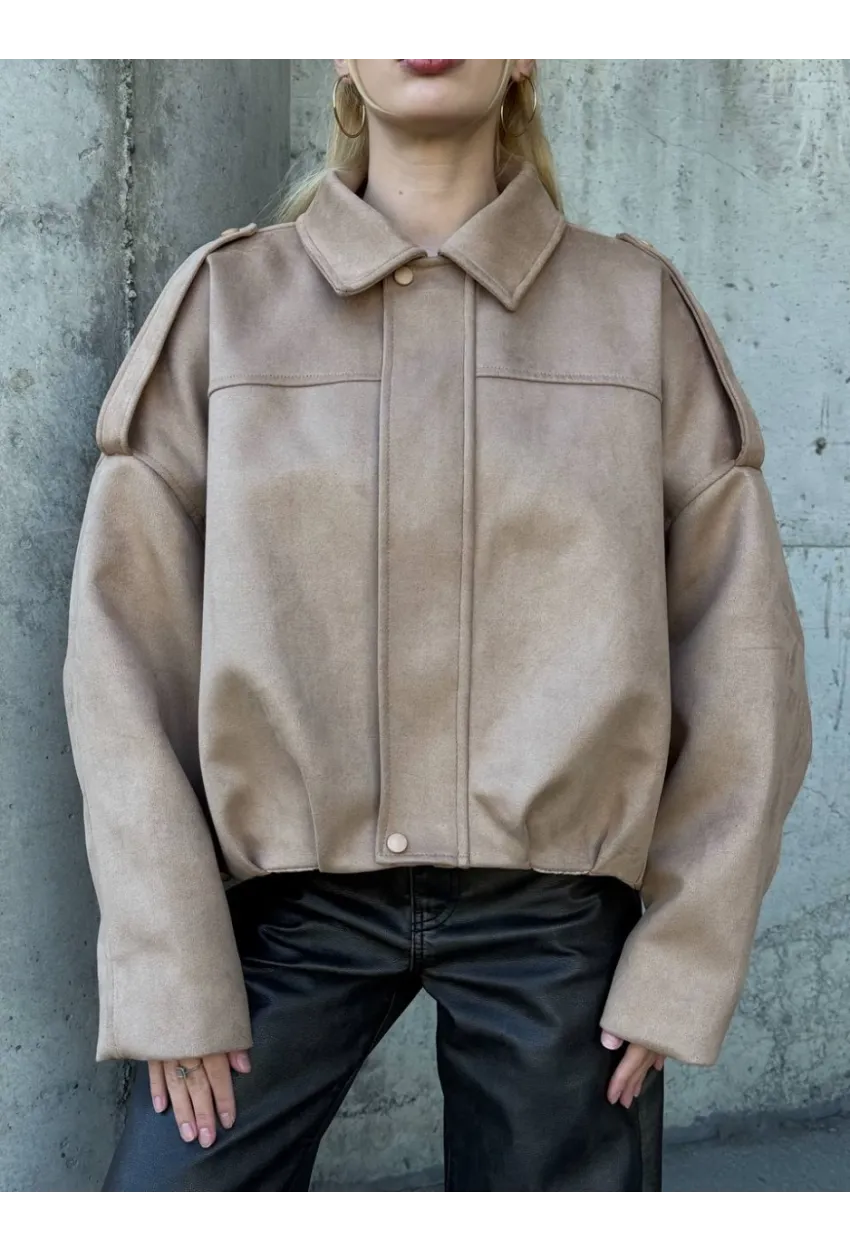 Kadın Oversize Bomber Süet Mont Bej