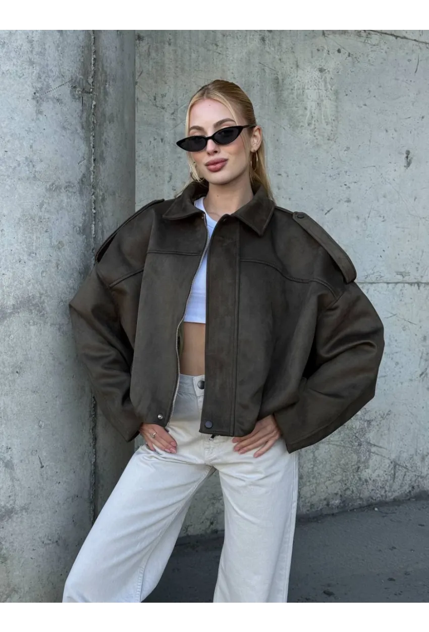 Kadın Oversize Bomber Süet Mont Haki