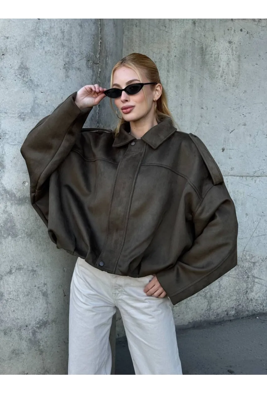 Kadın Oversize Bomber Süet Mont Haki