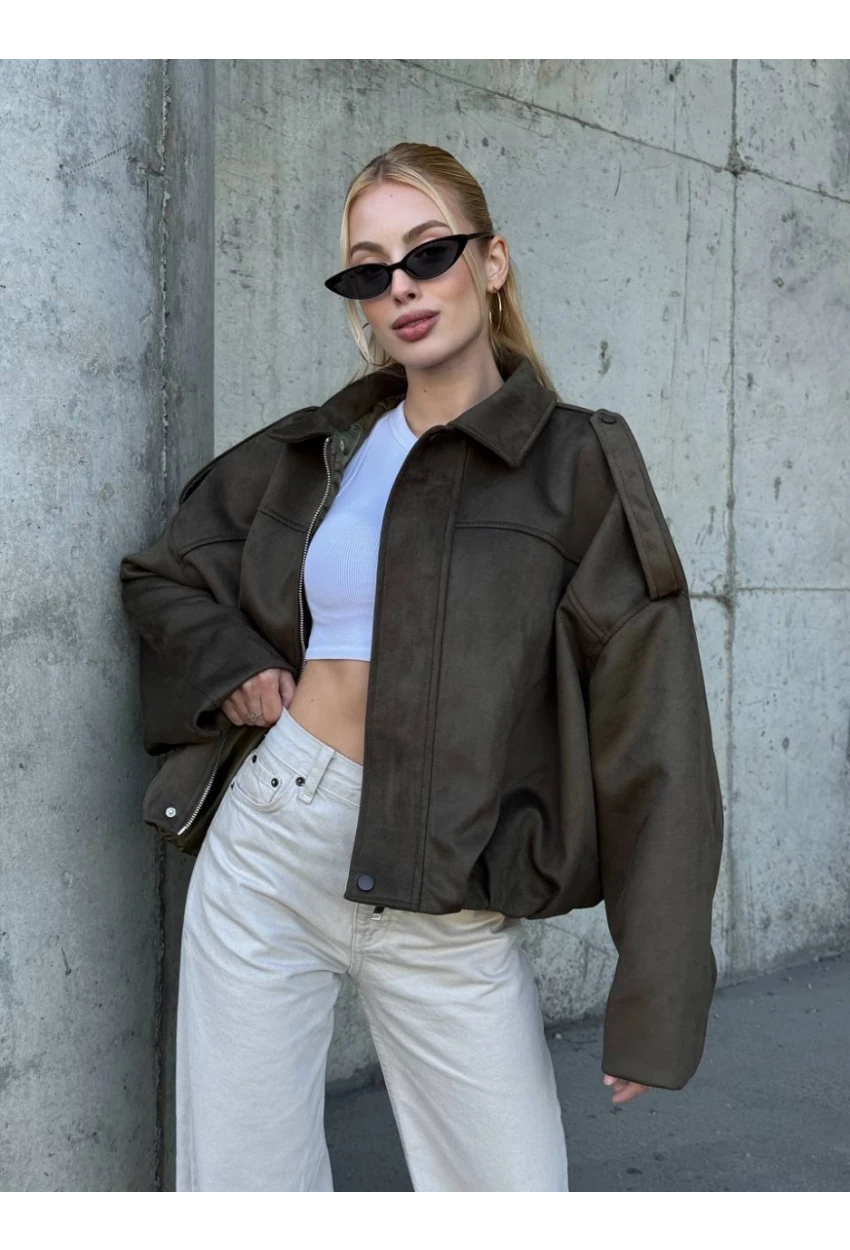 Kadın Oversize Bomber Süet Mont Haki