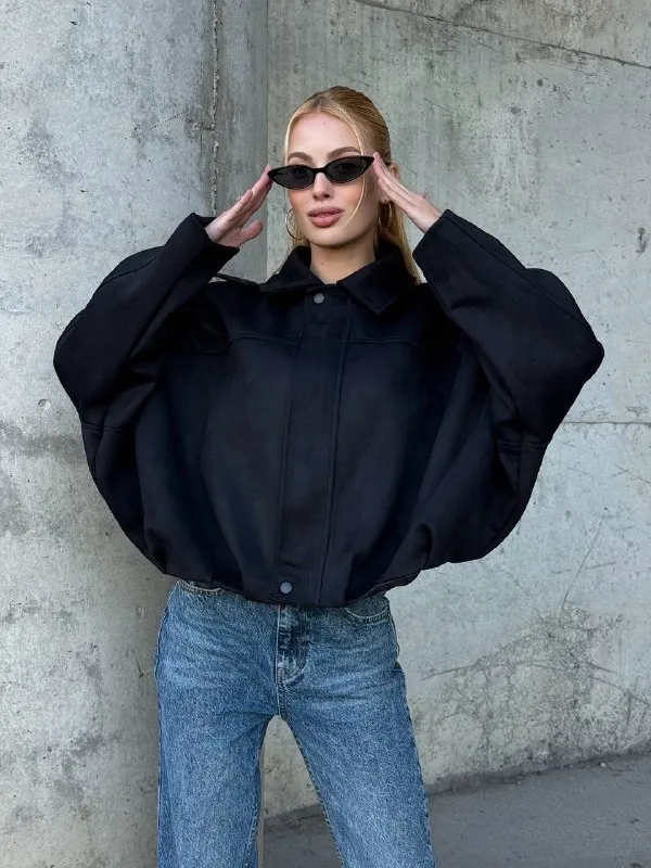 Kadın Oversize Bomber Süet Mont Siyah