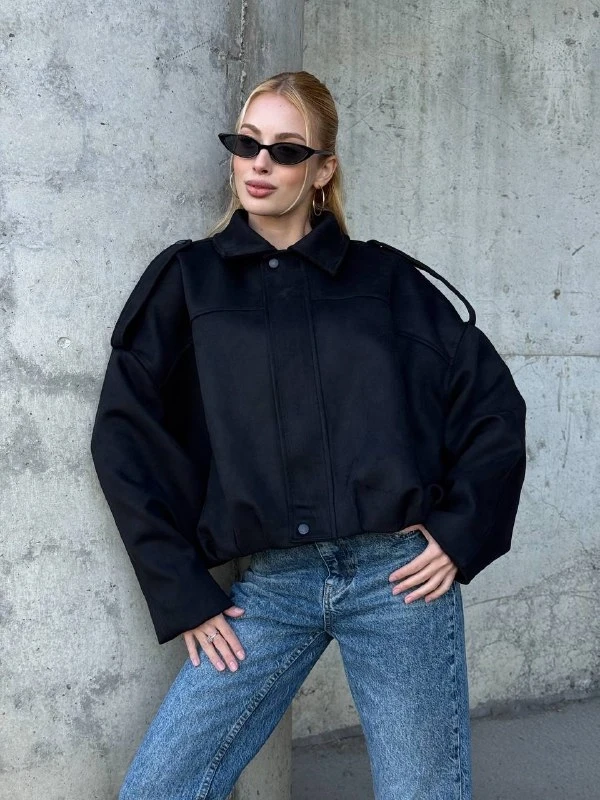Kadın Oversize Bomber Süet Mont Siyah
