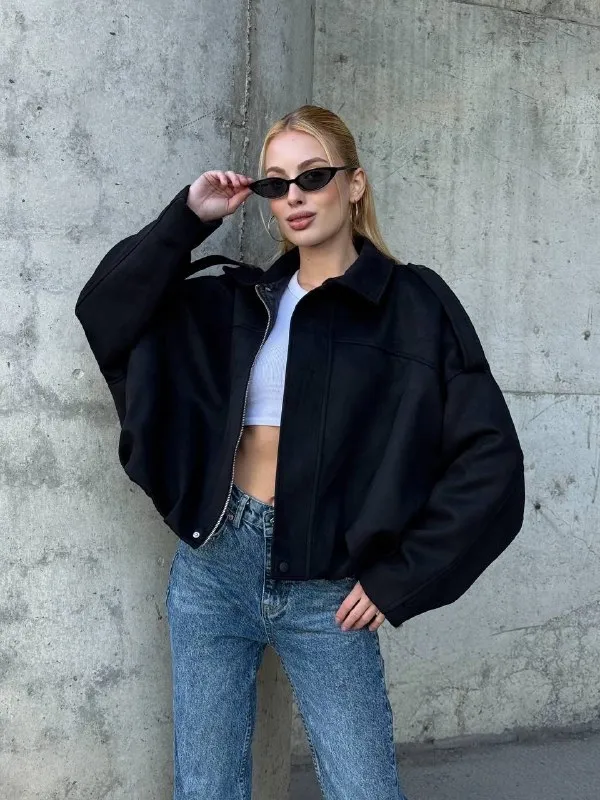 Kadın Oversize Bomber Süet Mont Siyah