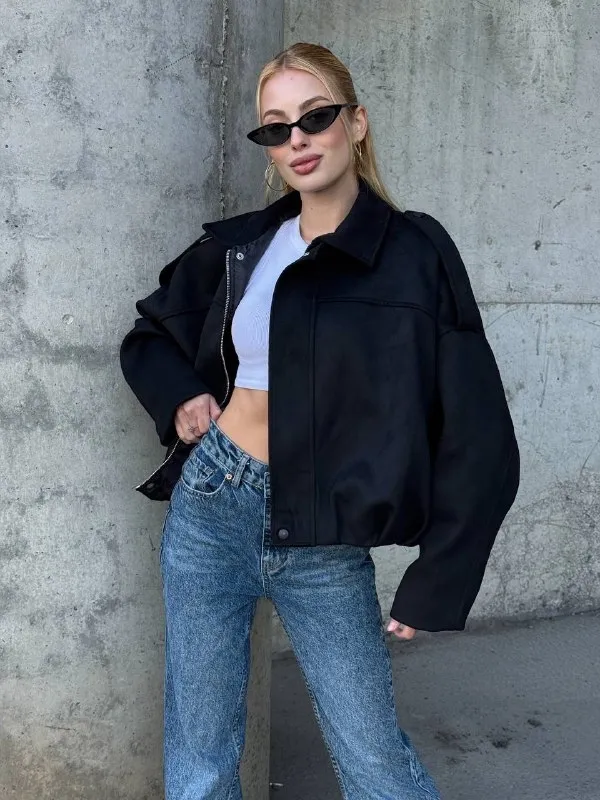 Kadın Oversize Bomber Süet Mont Siyah